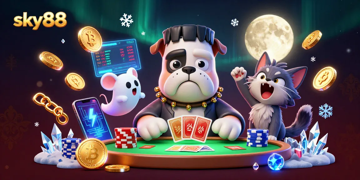Engage with thrilling casino action at sky88 featuring a whimsical monster dealing cards surrounded by crypto elements.