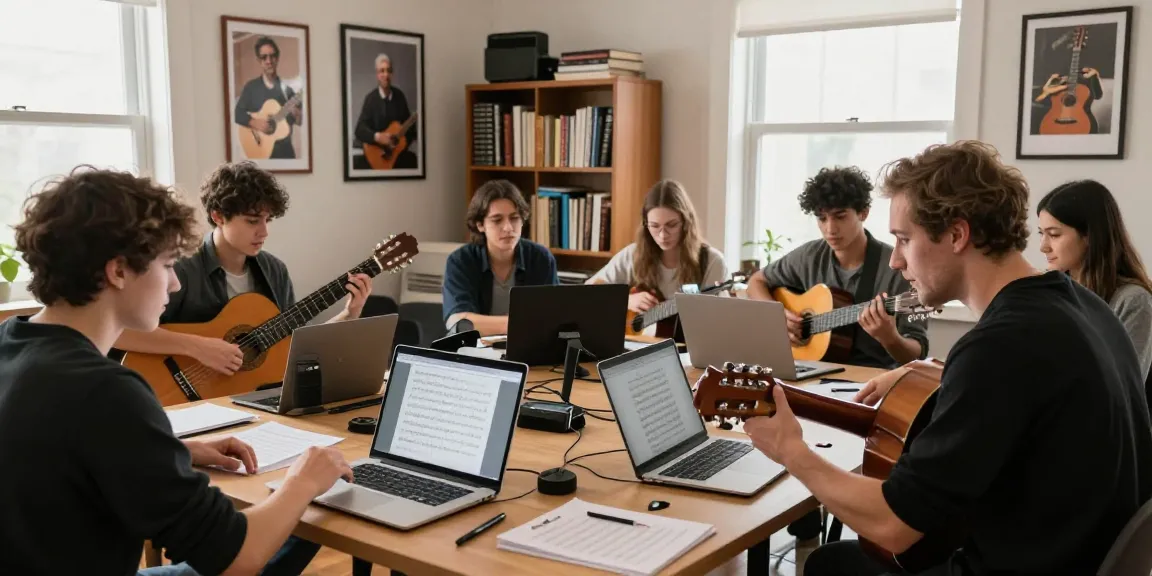 Engaging online classical guitar lessons online, with instructor and diverse students interacting in a bright home office.