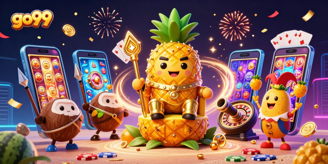 Experience thrilling games and jackpots with go99 at a beach casino, featuring dynamic 3D illustrations.