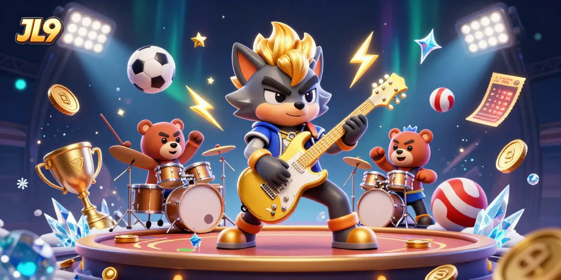 Engage in thrilling action at JL9 with a vibrant 3D casino scene featuring rock star characters and dynamic gambling elements.