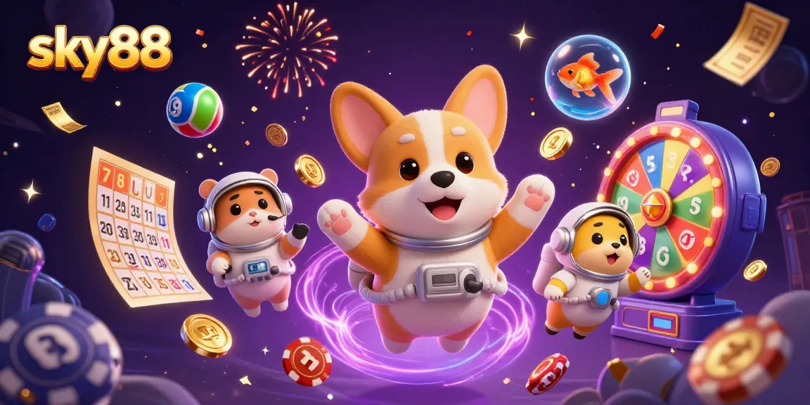 Experience the excitement of sky88 with a vibrant 3D illustration featuring a floating astronaut corgi in a casino.