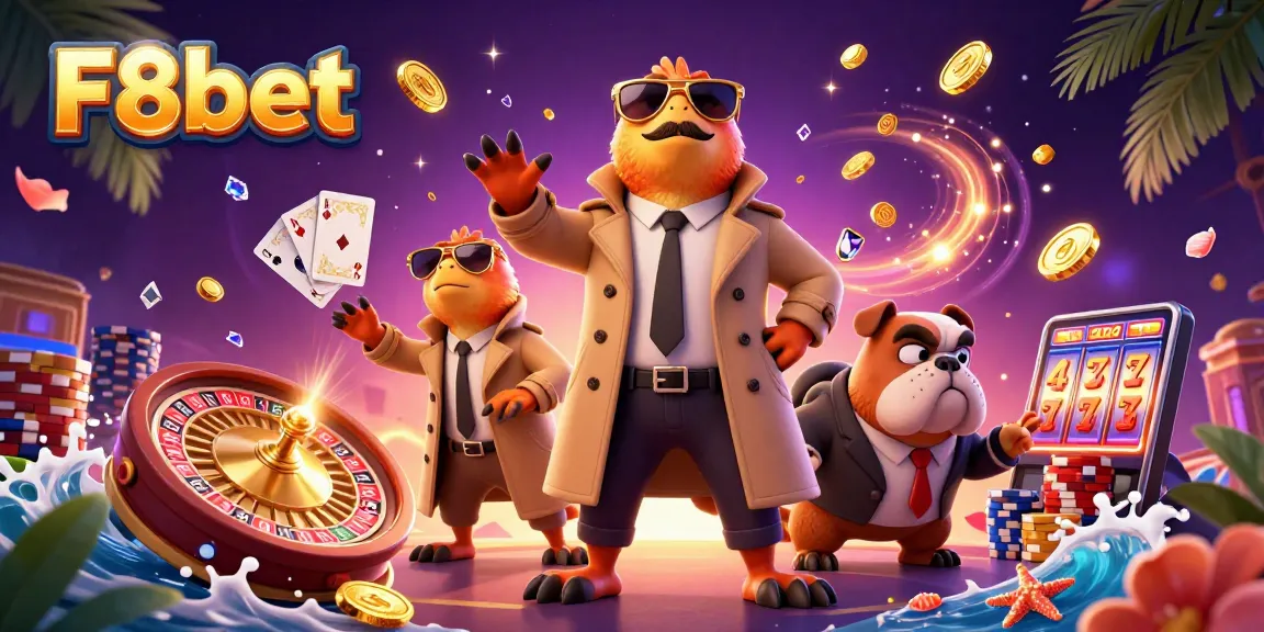 Bet on gaming fun with F8bet cartoons of raptors sneaking into a casino lounge