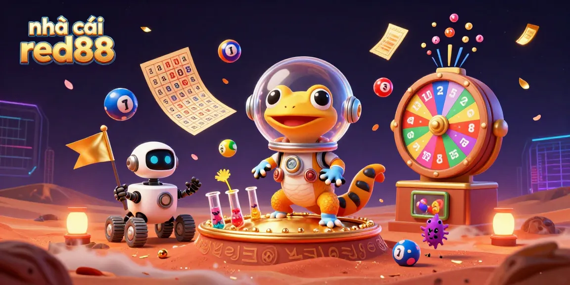 Experience the excitement of nhà cái red88 with dynamic lottery elements and a Martian gecko in a casino.