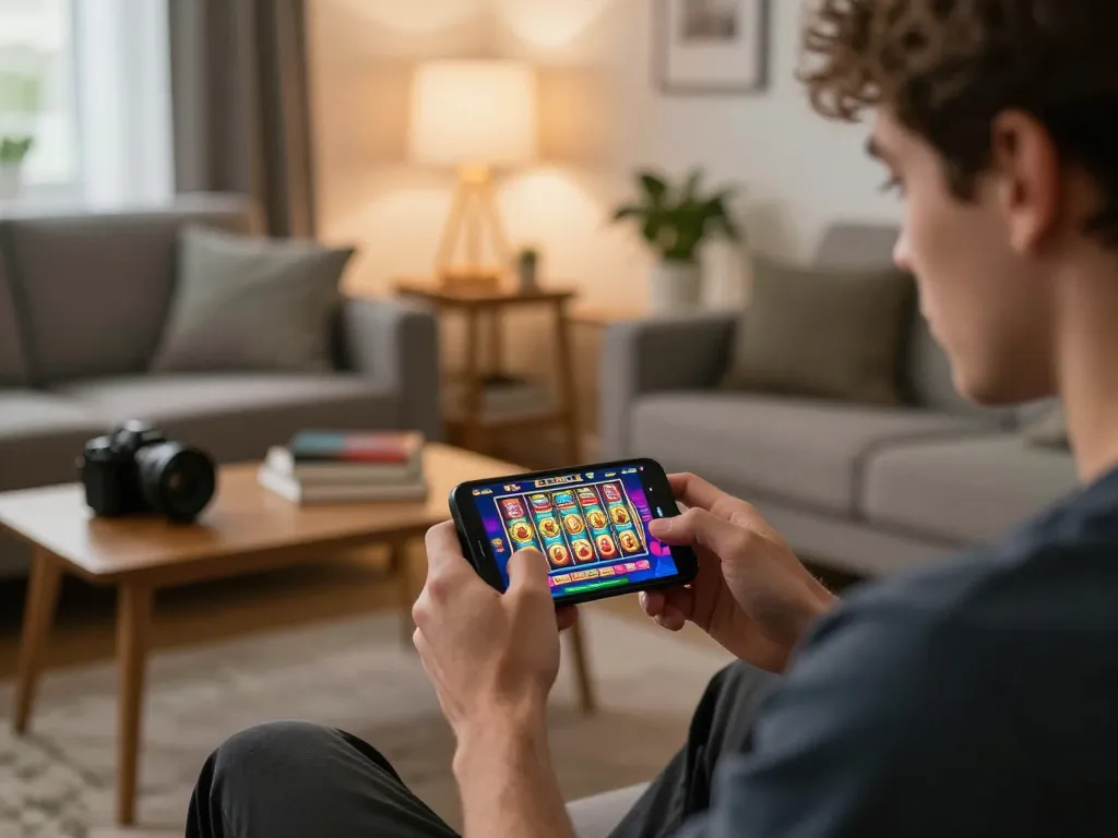player enjoying online slots on smartphone while exploring link 79king in a cozy living room