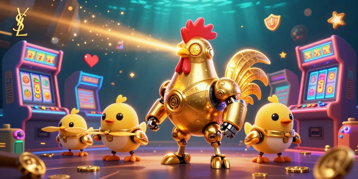Engage with ysl in a vibrant 3D casino scene featuring a golden rooster robot and arcade slots.