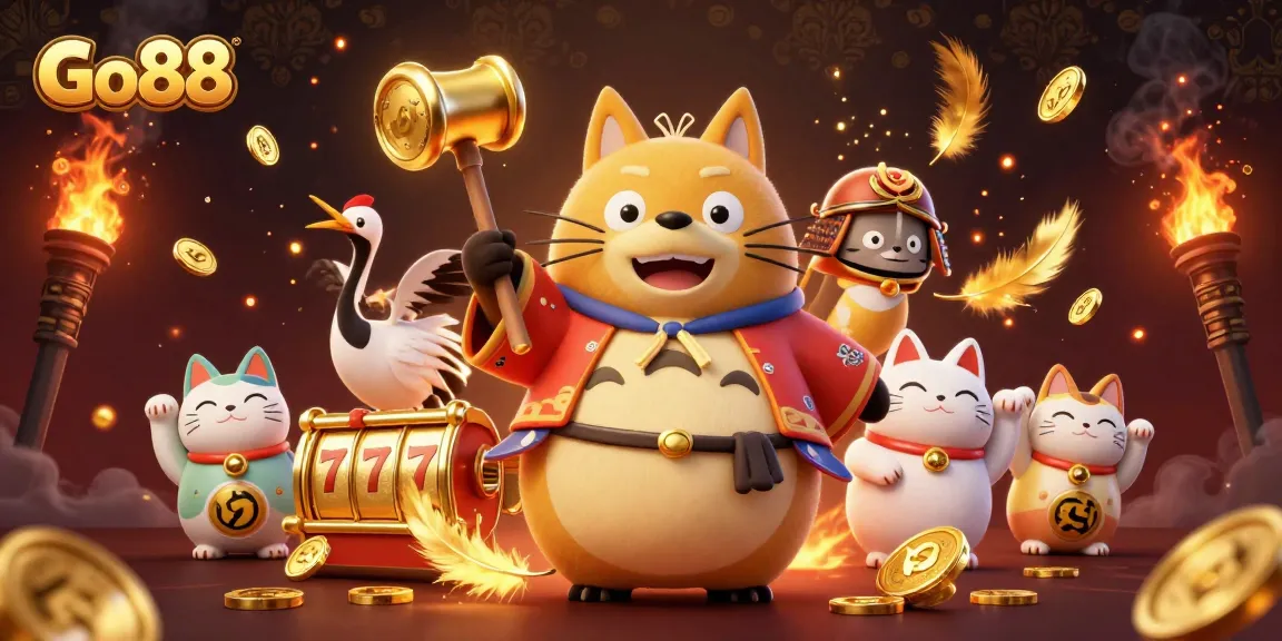Engage with Go88's thrilling gaming experience featuring a cheerful tanuki and festive elements.