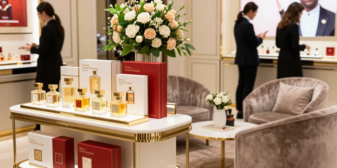 Maison Francis Kurkdjian (MFK) perfume showcase in luxurious retail setting with elegant décor.
