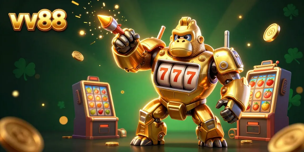 Experience the excitement of vv88 with a dynamic golden gorilla mech and slots spinning for jackpots.