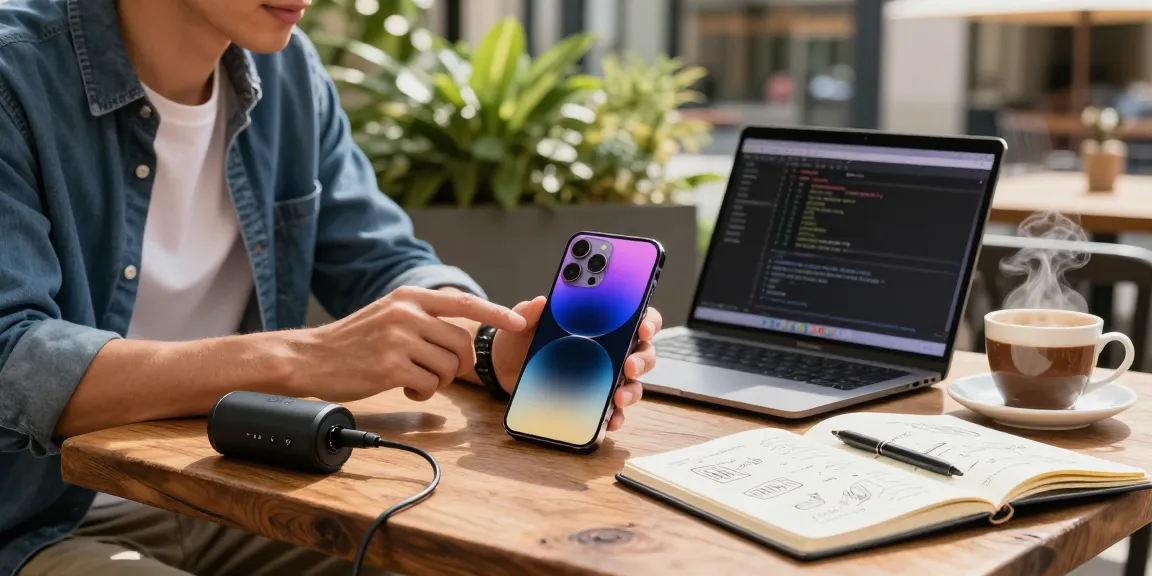 Young professional using the iPhone 17 in a vibrant urban café setting, showcasing its sleek design and display.