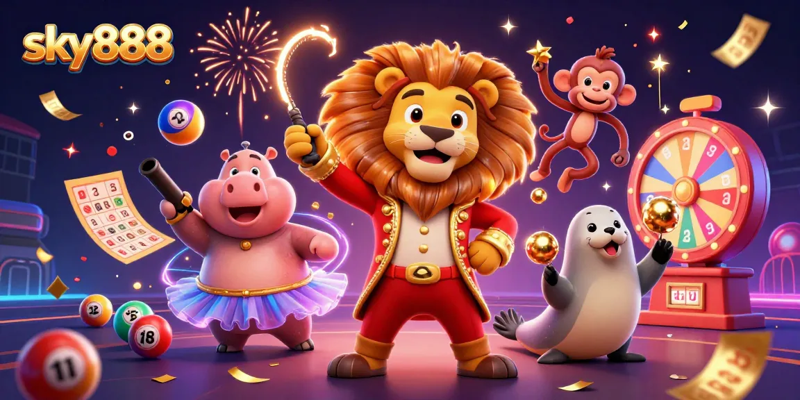Engage with sky888's vibrant 3D casino experience featuring lottery elements, characters, and excitement.
