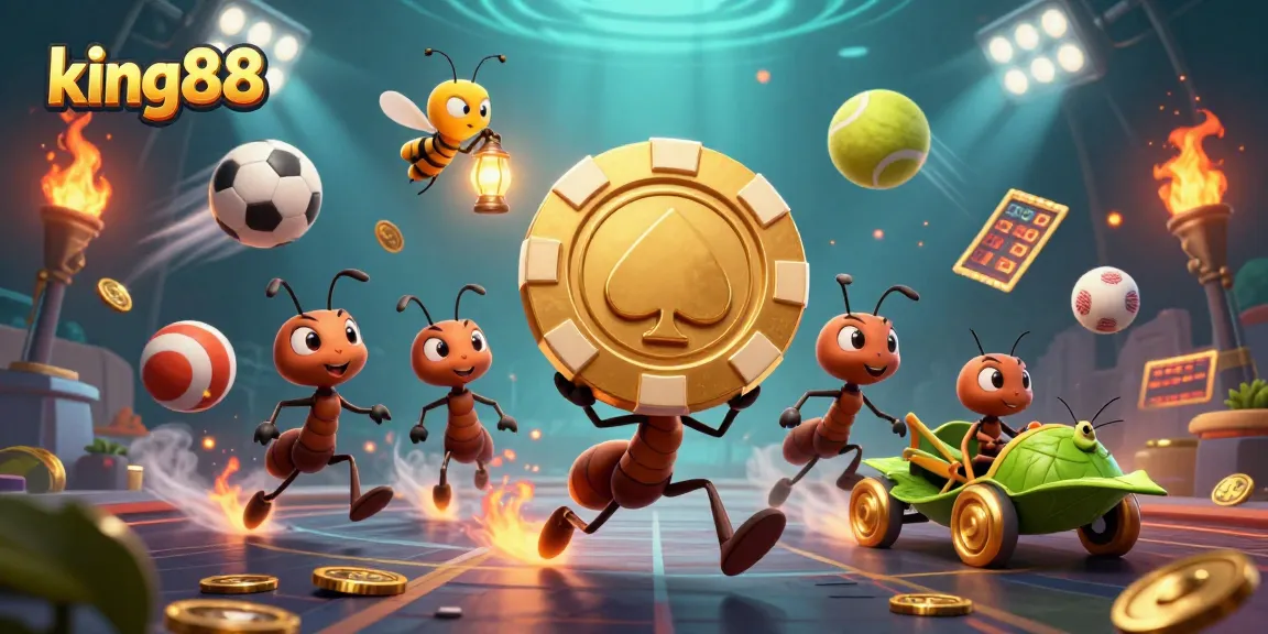 Experience thrilling action with king88 as ants maneuver a giant poker chip amidst dynamic sports elements.