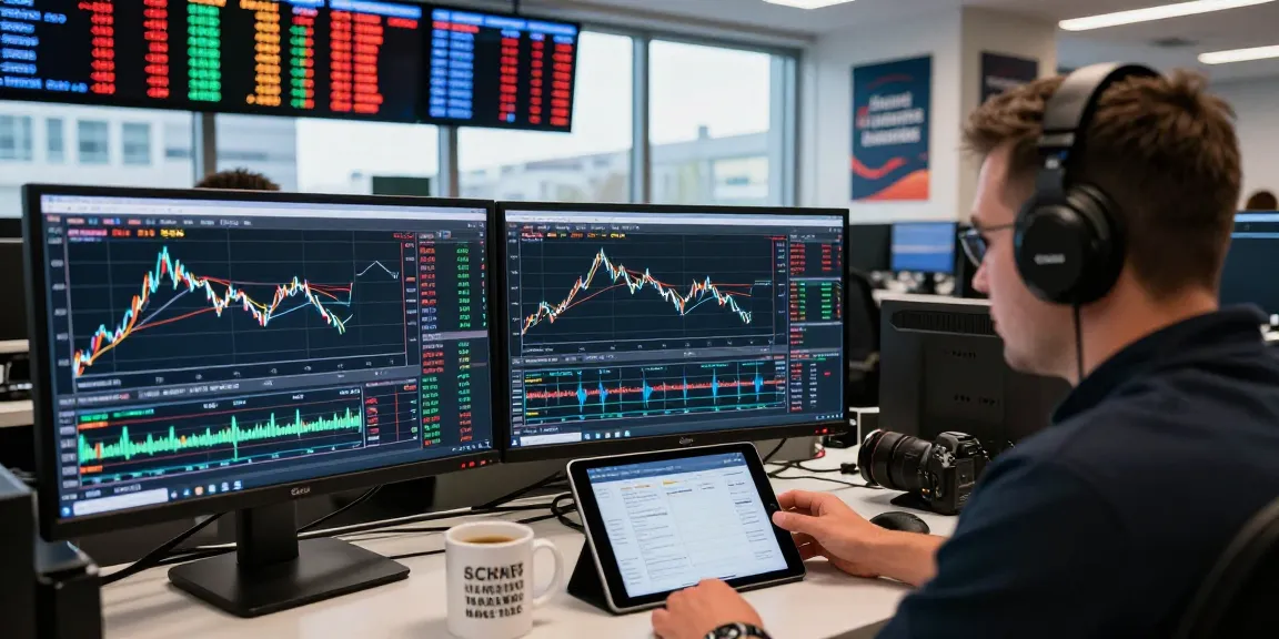 Live forex charts shown on dual monitors in a vibrant forex trading room filled with market analytics and motivated traders.