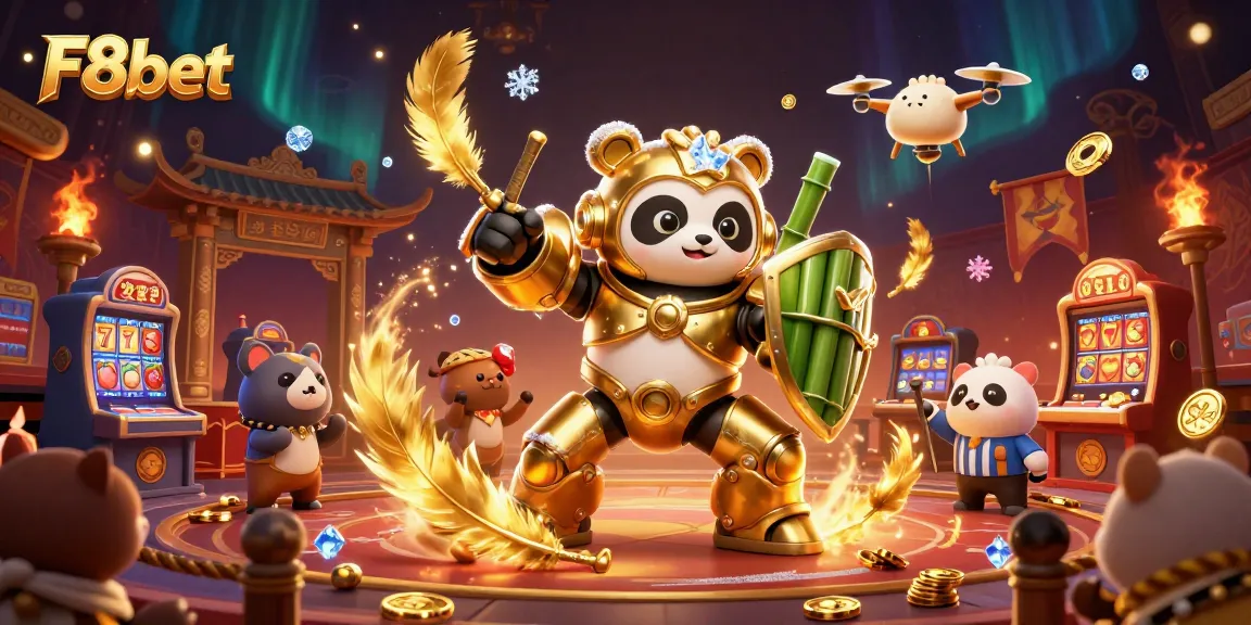 Engage with F8bet in a vibrant casino arena featuring a golden panda and dynamic game elements.