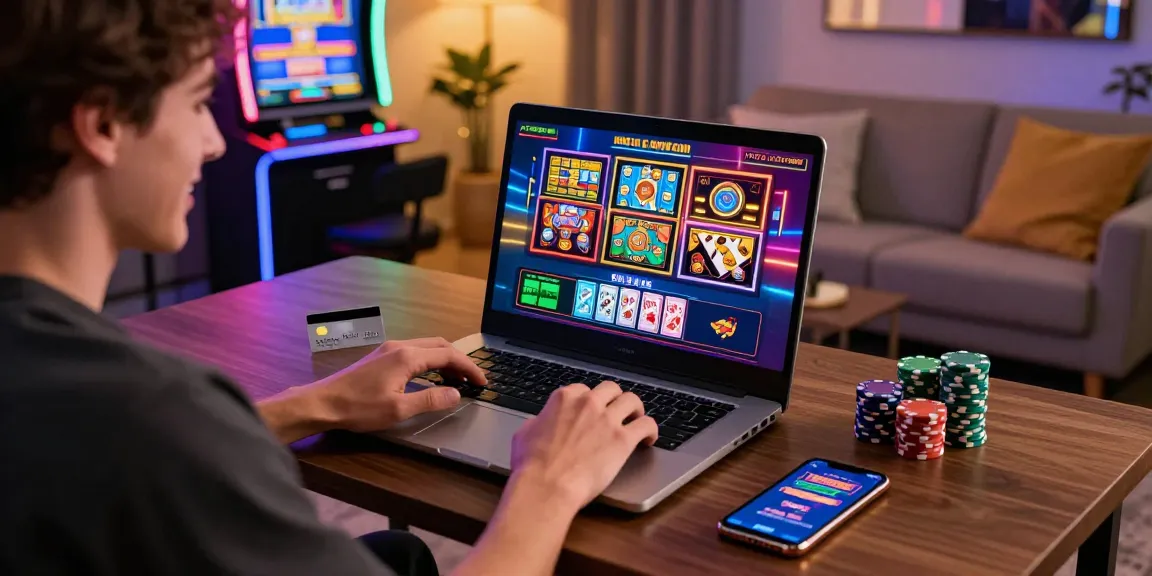 Player enjoying online casino games with credit card at scoarch.org.uk in a modern, vibrant setting.