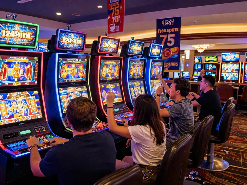 Players enjoying the vibrant atmosphere at i24Slots Casino, featuring colorful slot machines and promotions.