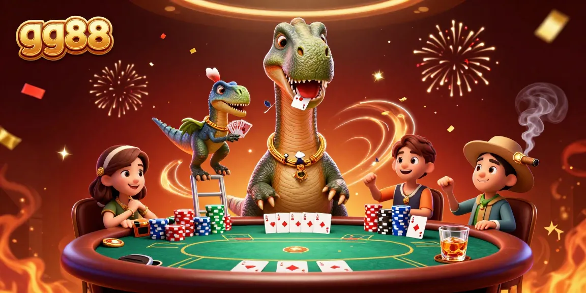 Engage in thrilling poker battles at gg88 with a towering brontosaurus and raptor dealer