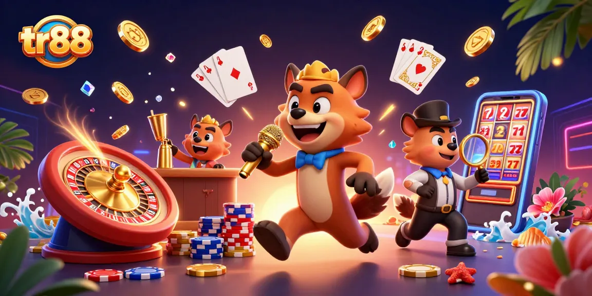 Tr88 comedy casino scene with hyenas, golden coins, and vibrant gaming elements.