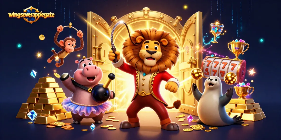 Win big with wingsoverapplegate in a lively circus-themed casino scene featuring 3D character interactions.