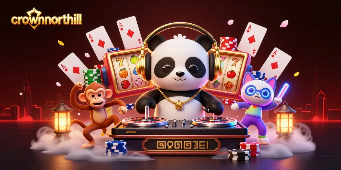 Experience thrill with crownnorthill in a lively 3D casino scene featuring a DJ panda and vibrant slot reels.