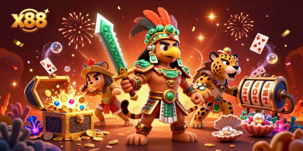 X88 online casino showcases an exciting scene featuring warriors, gold coins, and festive confetti amidst vibrant gaming elements.