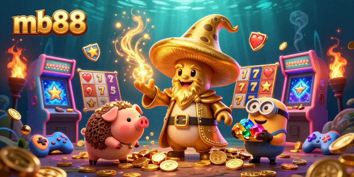 Join the mb88 gaming adventure with a vibrant scene featuring a golden wizard, treasure-hunting pig, and game elements.