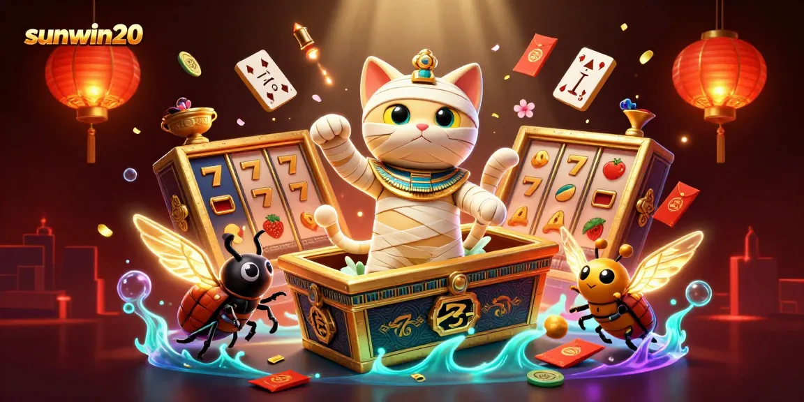 Engage with sunwin20 as a mummy cat emerges from a golden sarcophagus in a lively casino scene filled with slot elements and floating treasures.