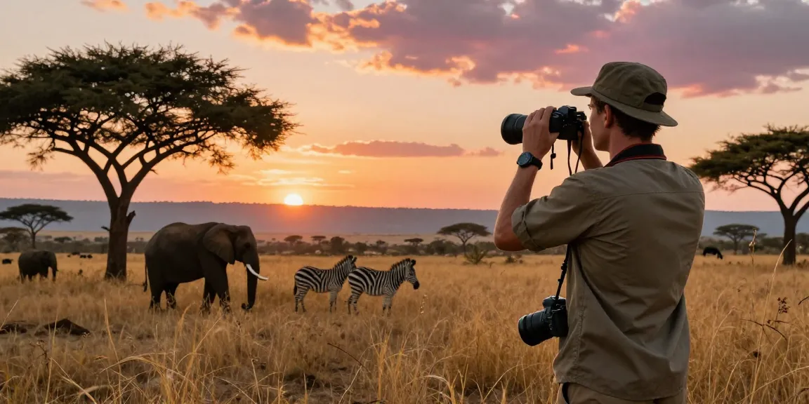 NAGA2000 traveler observing wildlife in Kidepo Valley National Park during sunset.