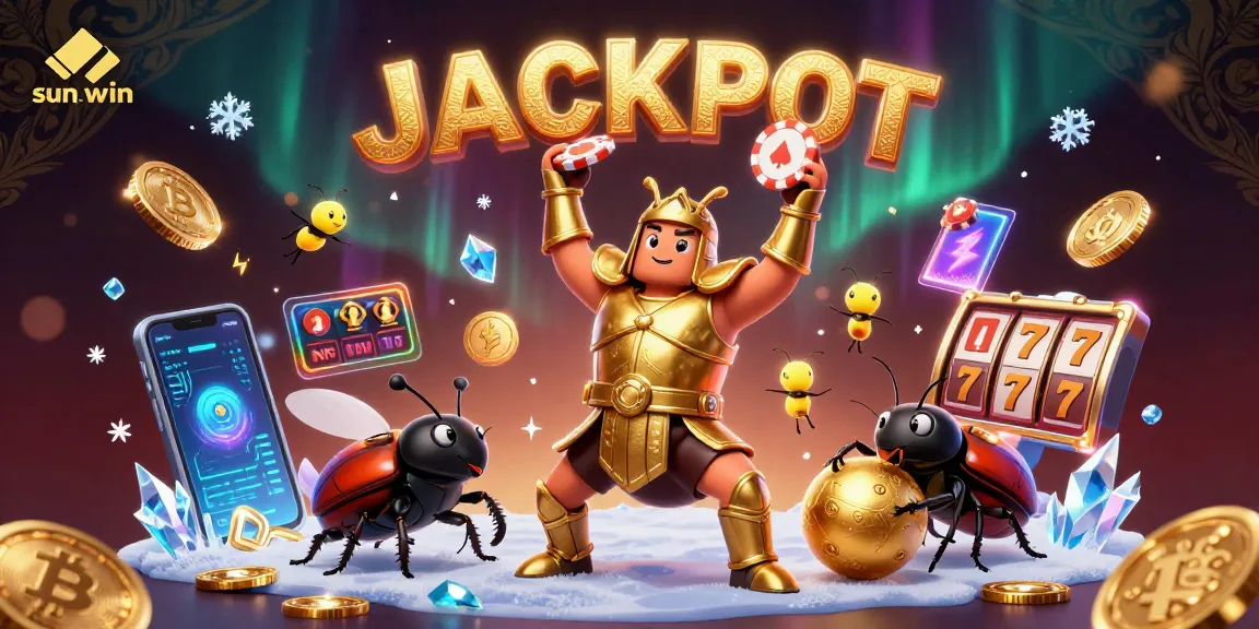 Celebrate big wins at sun-win with a herculean beetle displaying a poker chip surrounded by glowing cryptocurrency.