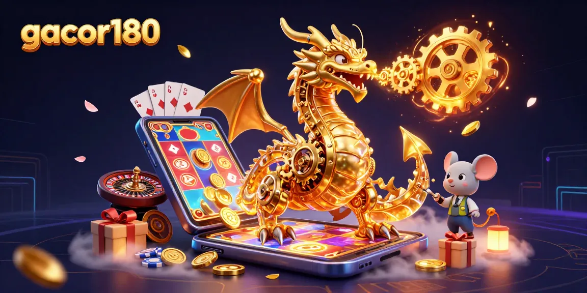 Gacor180 menghadirkan suasana kasino dengan naga emas mekanis dan permainan slot menarik.