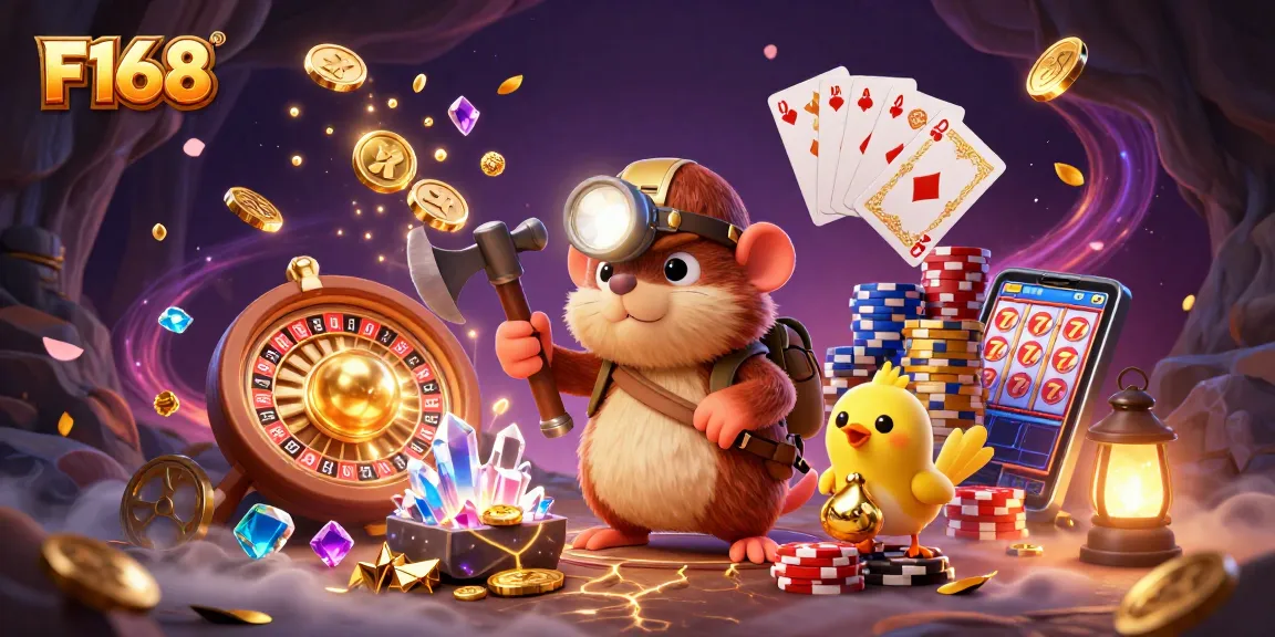 Experience exciting gaming adventures with F168's vibrant illustrations of casino-themed treasure hunts.
