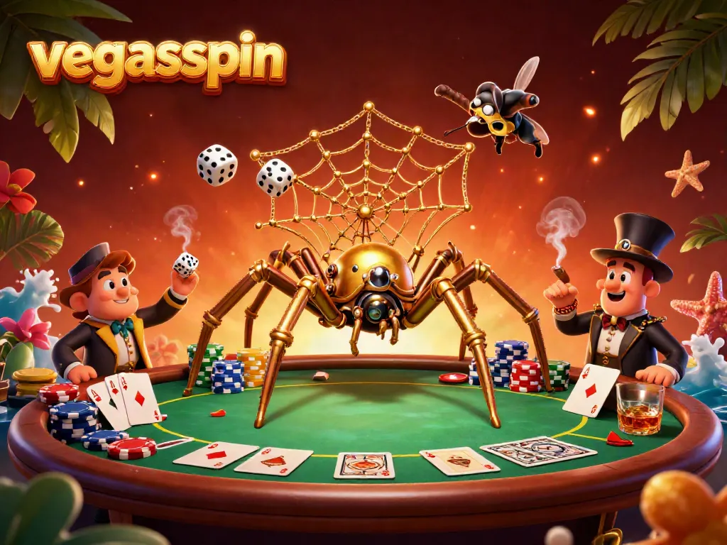 Catch dice in the web of a golden spider at vegasspin, surrounded by poker elements.
