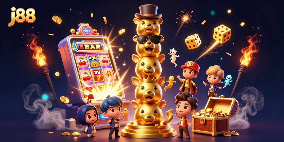 Win big at j88 with an exciting 3D casino scene featuring a dynamic totem pole and jackpot explosions.