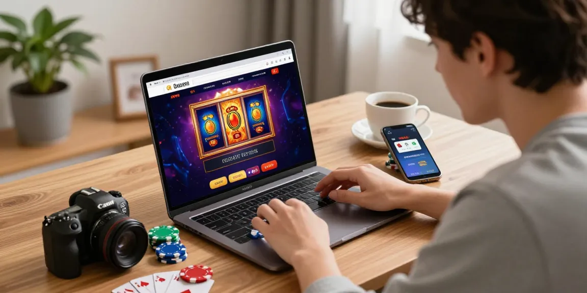 Engaged user exploring credit card casinos at https://mhfe.org.uk with vibrant gaming graphics in a cozy home environment.