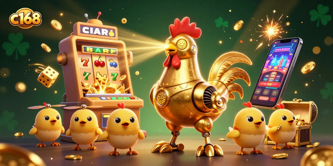 Experience the thrill of c168 with a dynamic golden rooster robot and exciting casino elements.