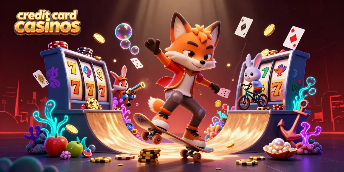 Dynamic illustration of credit card casinos featuring a playful skateboarder fox and BMX rabbit amidst gold coins and slots.