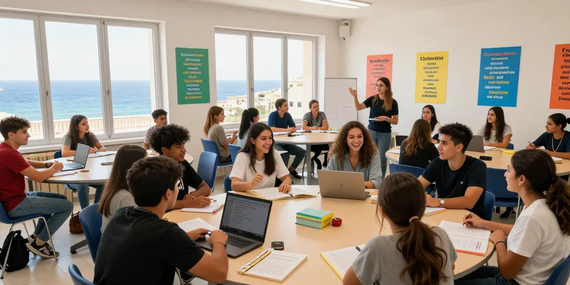 Cursos de inglés atractivos en Malta en una vibrante escuela de idiomas con estudiantes entusiastas.