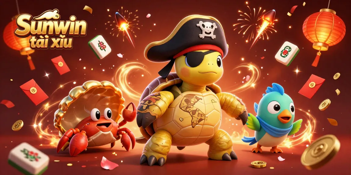 Experience Sunwin tài xỉu with this vibrant scene featuring a pirate turtle and festive elements.