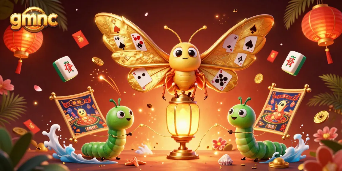 Play gaming with gmnc, showcasing a vibrant casino scene with a golden moth and festive elements.