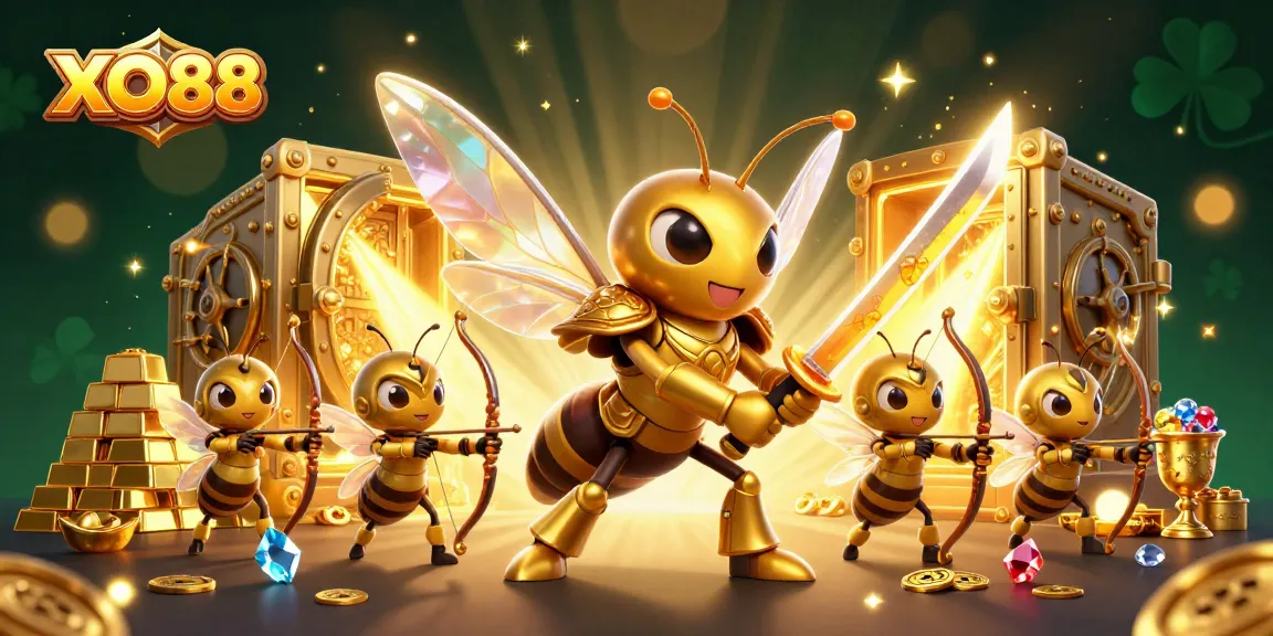 Engage with the vibrant world of XO88 in a dynamic 3D casino illustration filled with treasures.