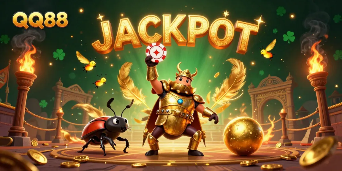 Engaging QQ88 casino scene with a heroic beetle, jackpot celebration, and dynamic gaming elements.