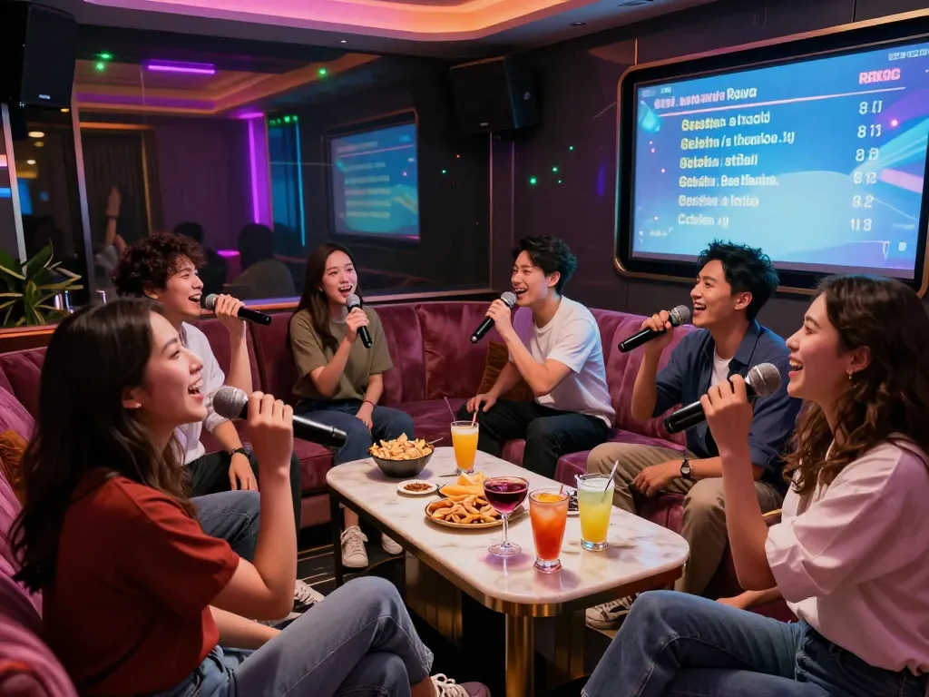 손님들이 생동감 넘치는 분위기와 화려한 장식으로 서구청쓰리노 노래방 경험을 즐기고 있습니다.