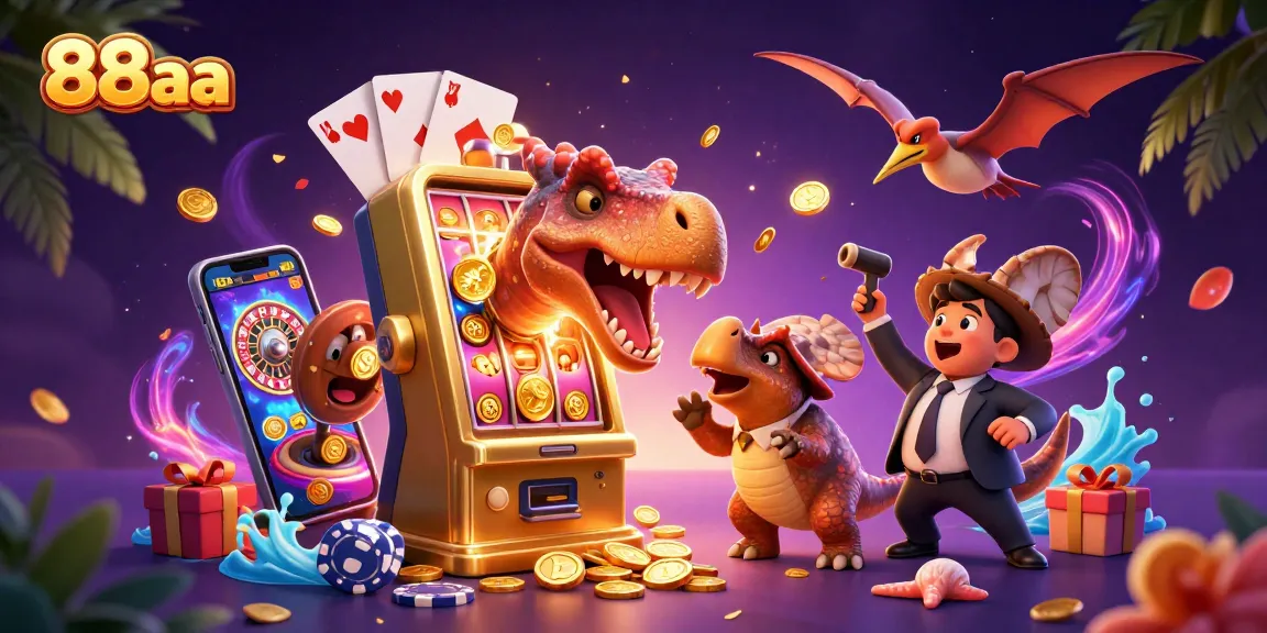 88aa's slot machine jackpot action with cartoon dinosaurs in a vibrant casino scene