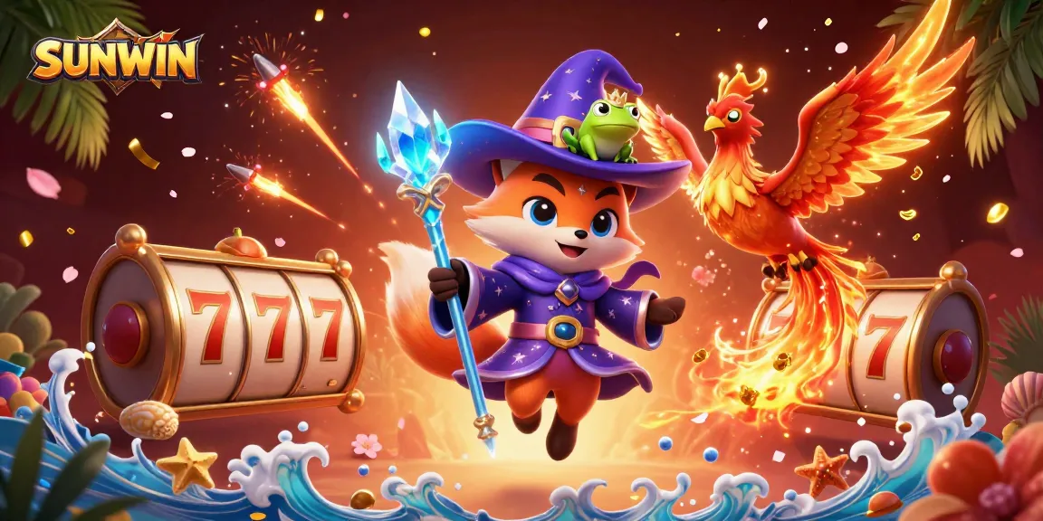 SUNWIN gaming scene featuring a wizard fox and phoenix amidst dynamic slot reels and celebratory elements.