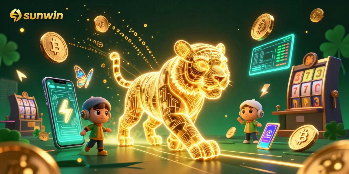 Engage with sunwin's immersive slot gaming experience featuring a neon tiger and crypto elements.