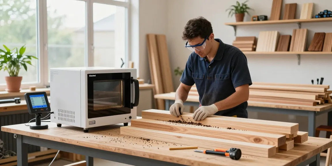 Shashel technician using microwave equipment for chemical-free wood treatment