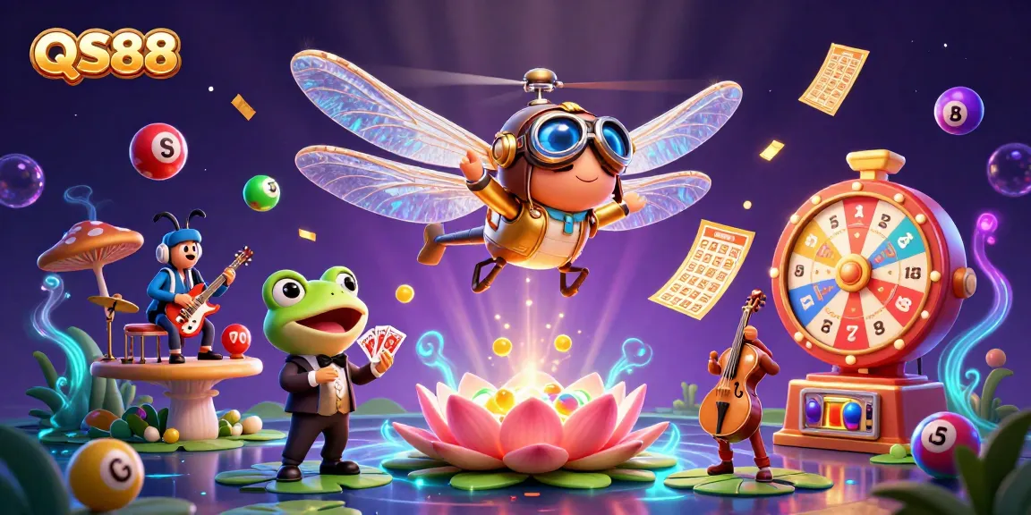 QS88 engages players in a vibrant digital casino scene, featuring a dragonfly pilot and frog croupier.