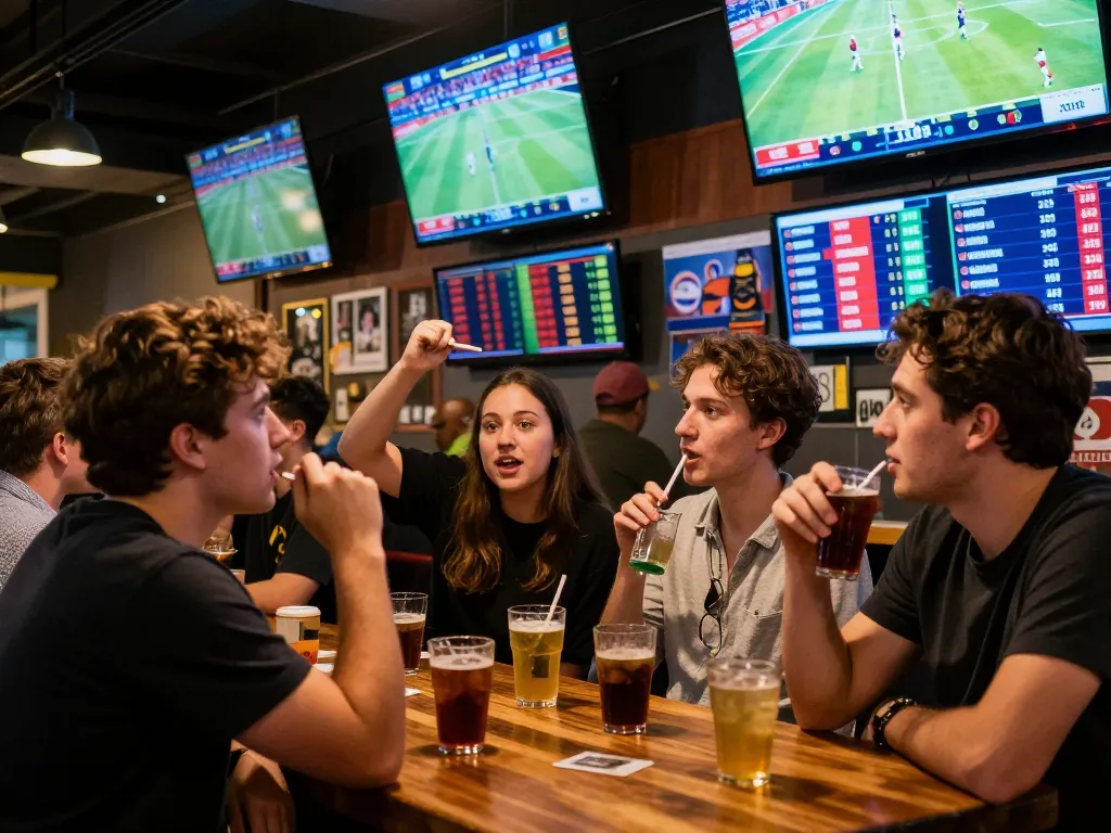 Engaged sports bettors enjoy the excitement of nk88 with screens showing live events and odds