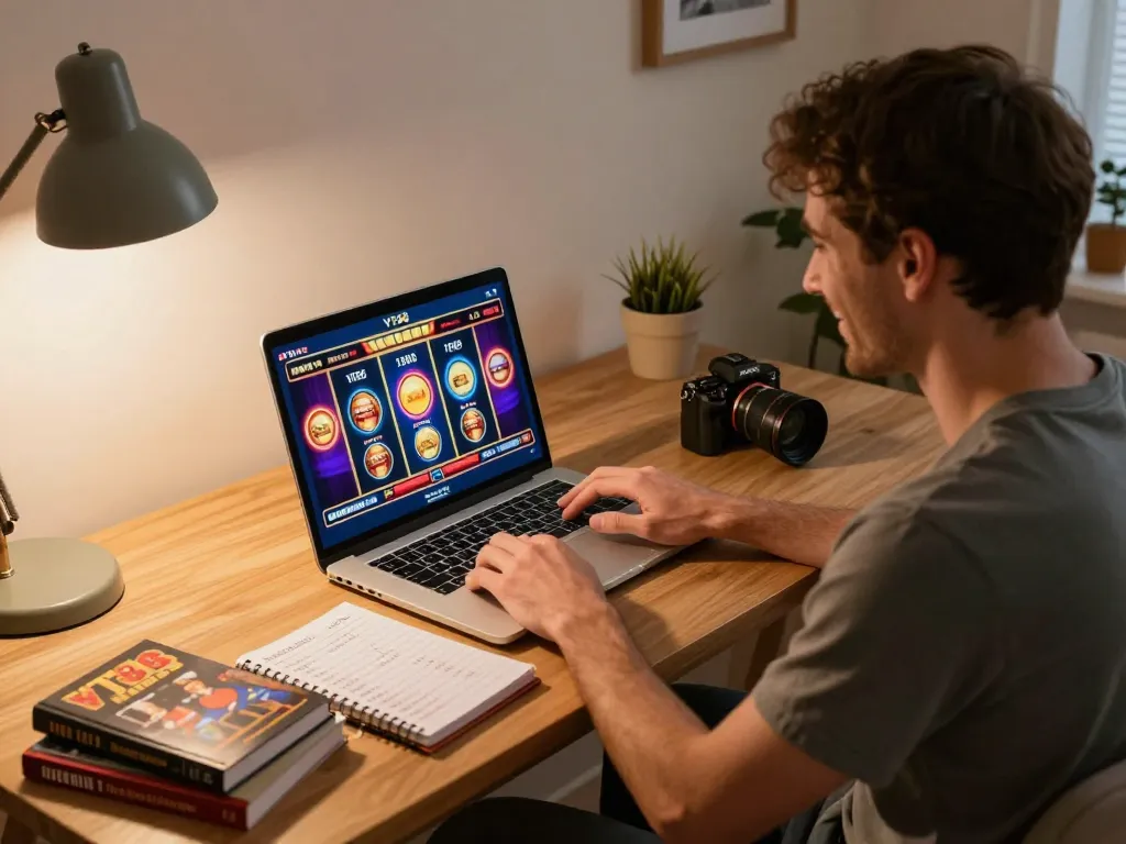VT88 player analyzing strategies while enjoying an online casino experience at home.