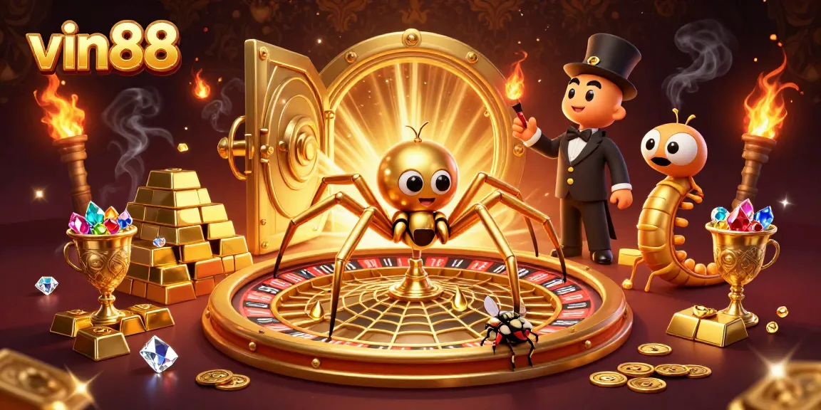 Experience thrilling gaming action with vin88, where a golden spider spins a roulette web.