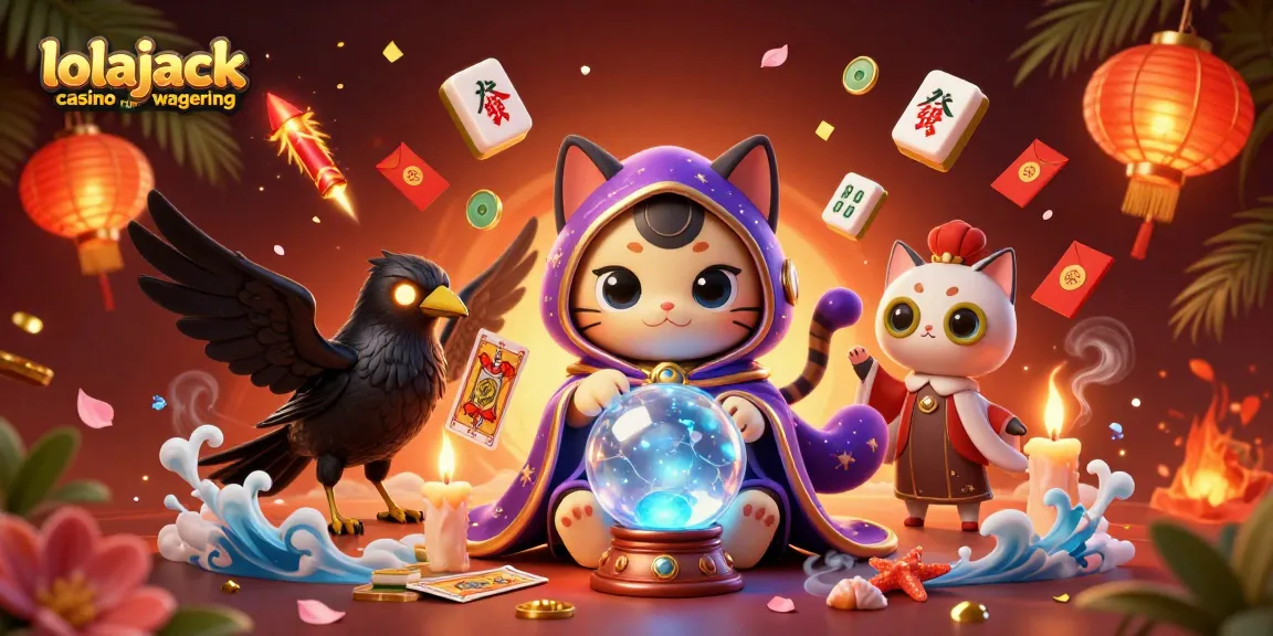 Engage with lolajack casino no wagering in this magical 3D scene featuring a mystic cat and raven.